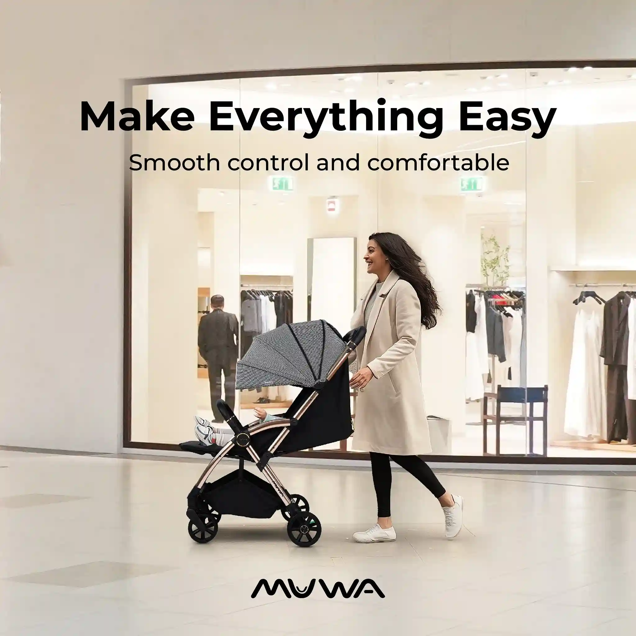 Malaysian mother using a Muwababy stroller in a shopping mall — demonstrating compact lightweight design
